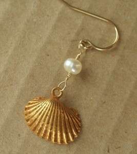 18k Gold Vermeil Scallop Shell Pearl Earrings  