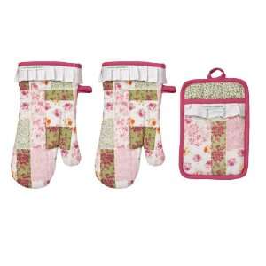  Laura Ashley Patchwork 3 Piece Oven Mitts and Pot Holder 
