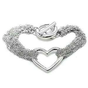    Silver Tone Multi Strand Chain Heart Toggle Bracelet Jewelry