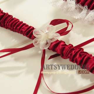   bowknot lace wedding garter wd110012 color red ivory silver material