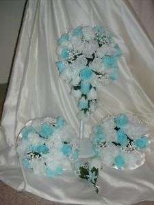 BABY BLUE BRIDAL BOUQUET SILK WEDDING FLOWERS 23 PC  
