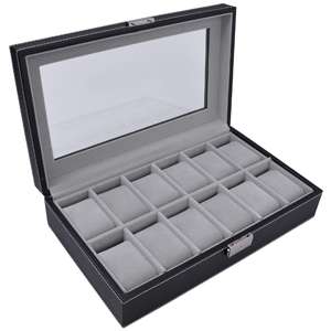Black Leather Glass Top 12 Mens Watch Display Case Box Jewelry Storage 